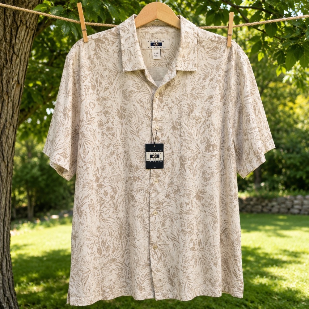 Joseph Abboud XXL Tropical Leaf Print Button Front Shirt Beige Short Sleeve Casu